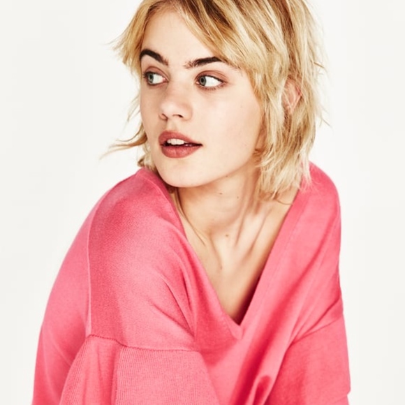 NWT Zara Bright Pink Flounce Ruffle Sleeve Sweater - Picture 3 of 8